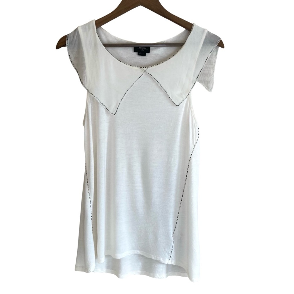 Anthropologie x Deletta Winter White Sleeveless Beaded Chiffon Collar Top